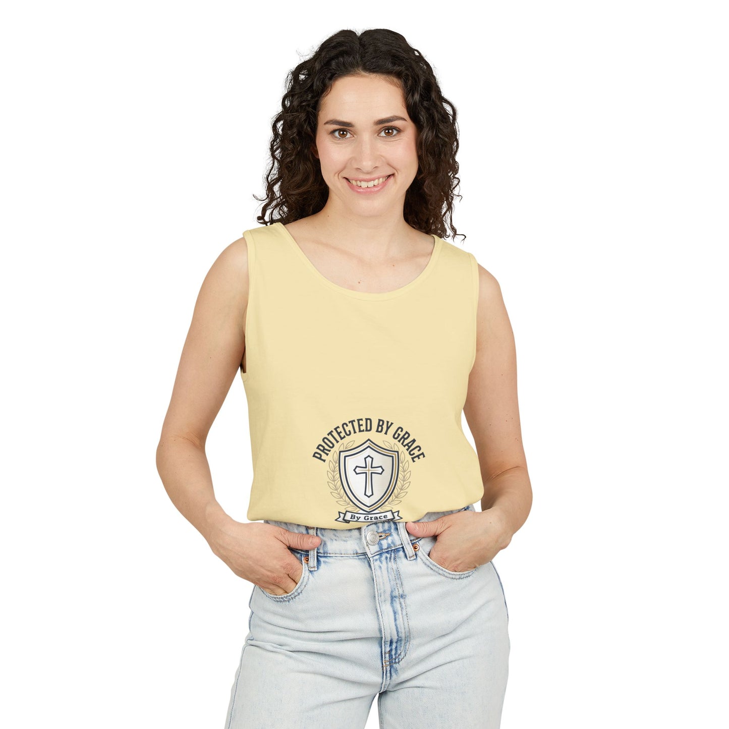 Protected by Grace Cross Tank Top — Christian Faith Graphic