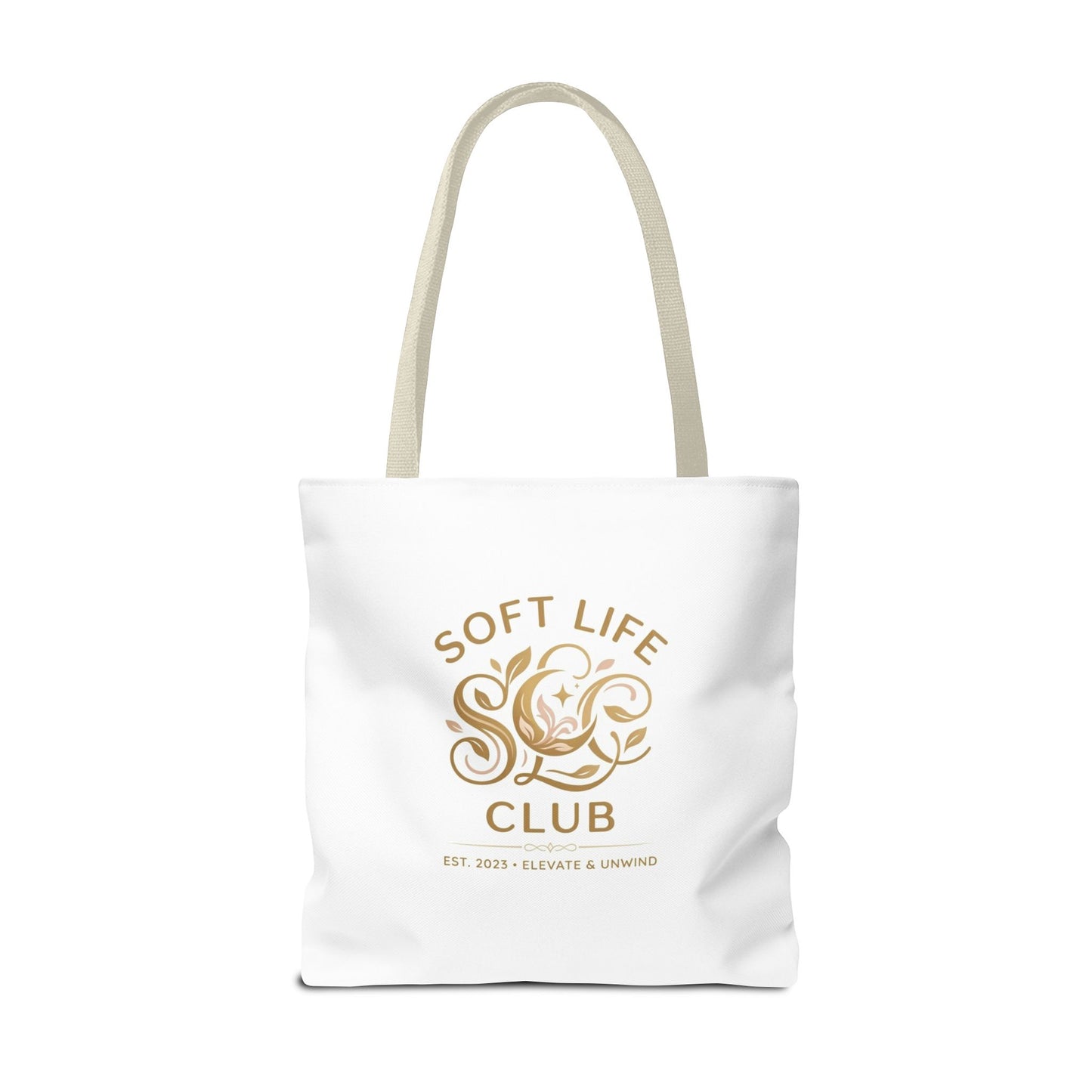 Soft Life Club Tote Bag — Chic Gold Logo AOP Tote for Everyday Carry