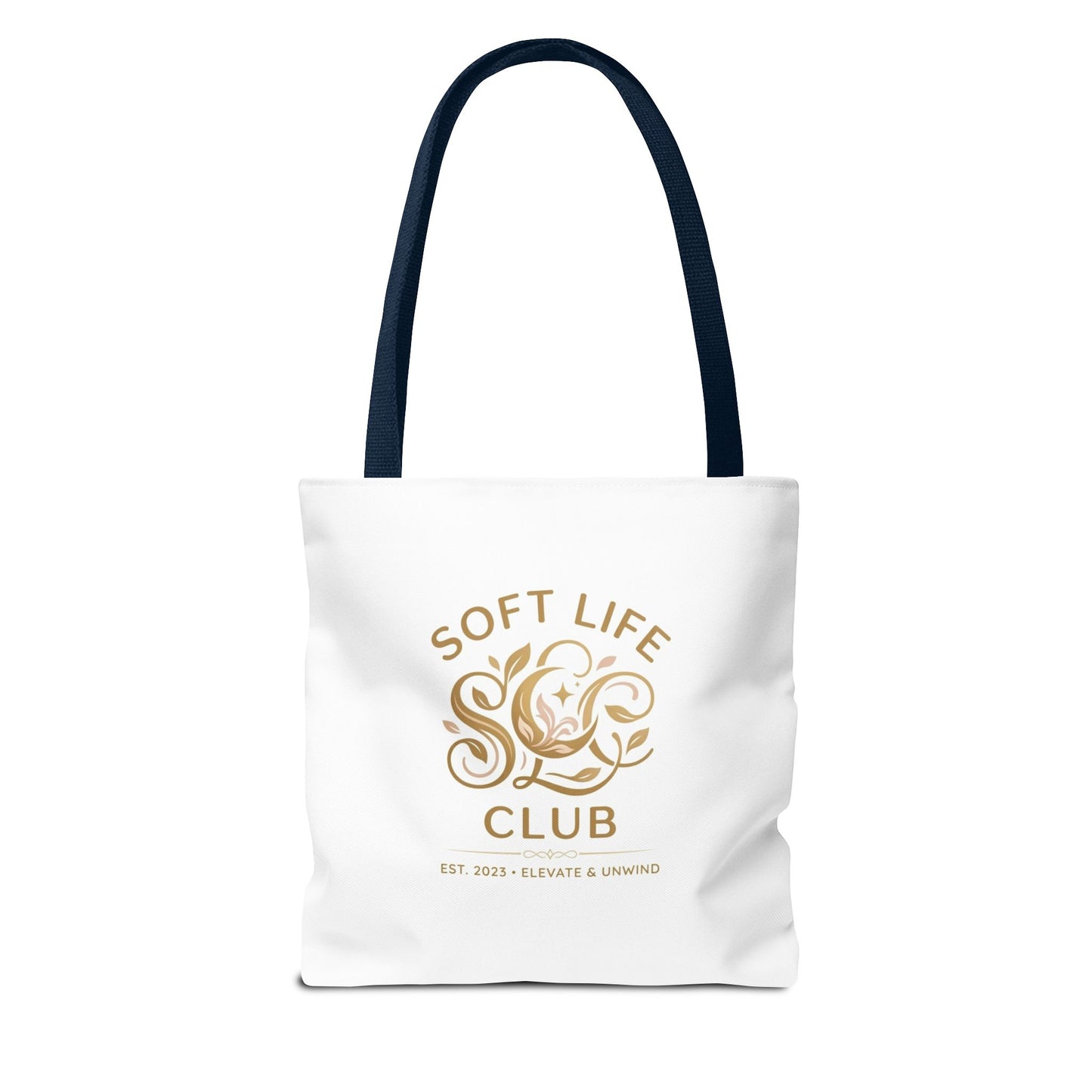 Soft Life Club Tote Bag — Chic Gold Logo AOP Tote for Everyday Carry