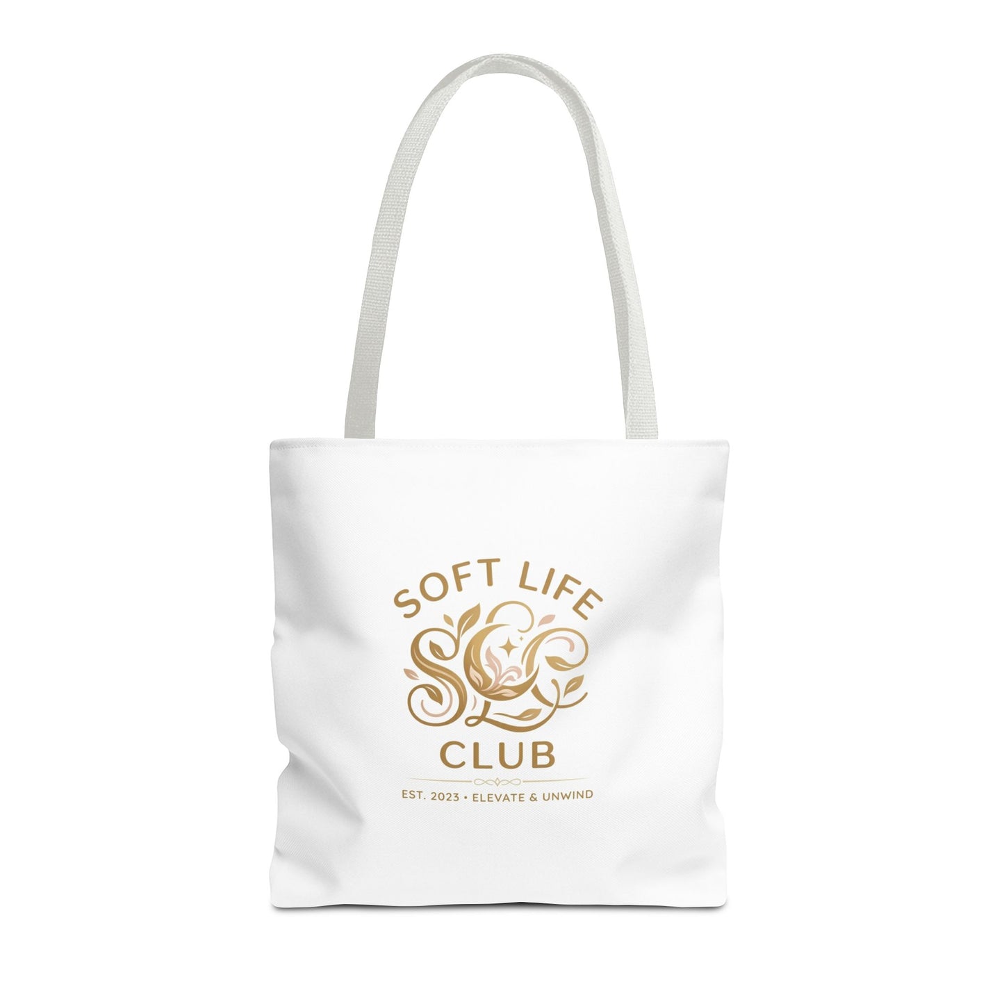 Soft Life Club Tote Bag — Chic Gold Logo AOP Tote for Everyday Carry