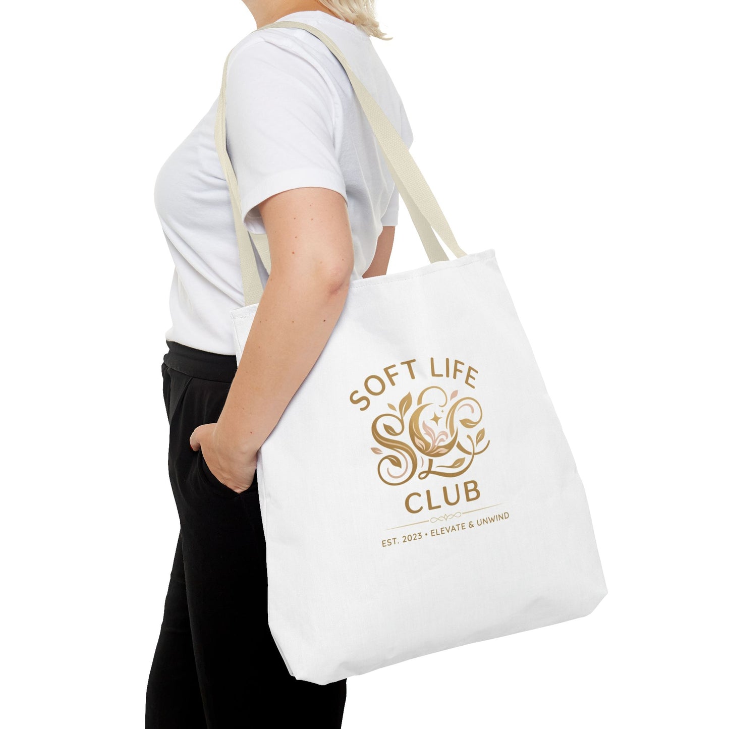 Soft Life Club Tote Bag — Chic Gold Logo AOP Tote for Everyday Carry