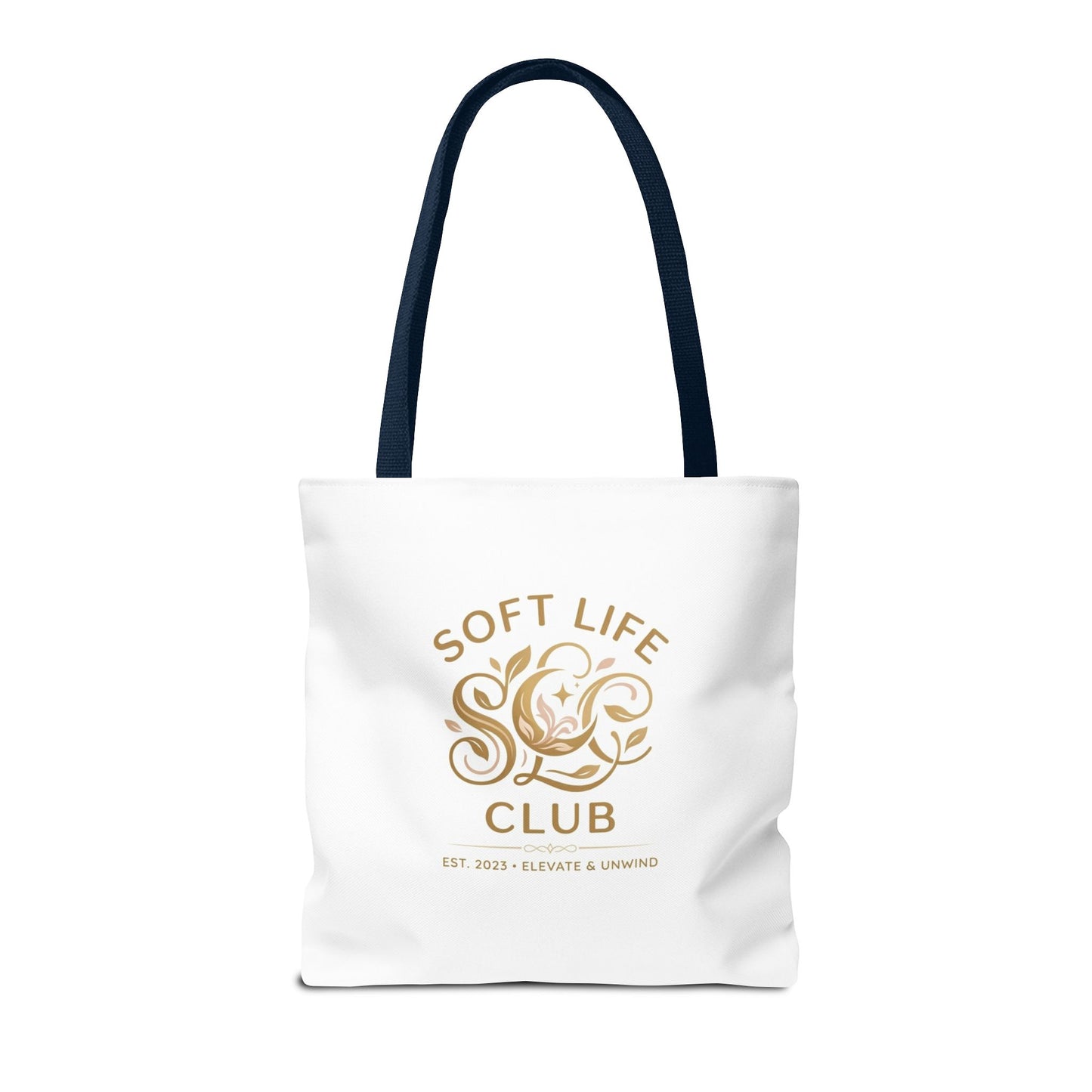 Soft Life Club Tote Bag — Chic Gold Logo AOP Tote for Everyday Carry