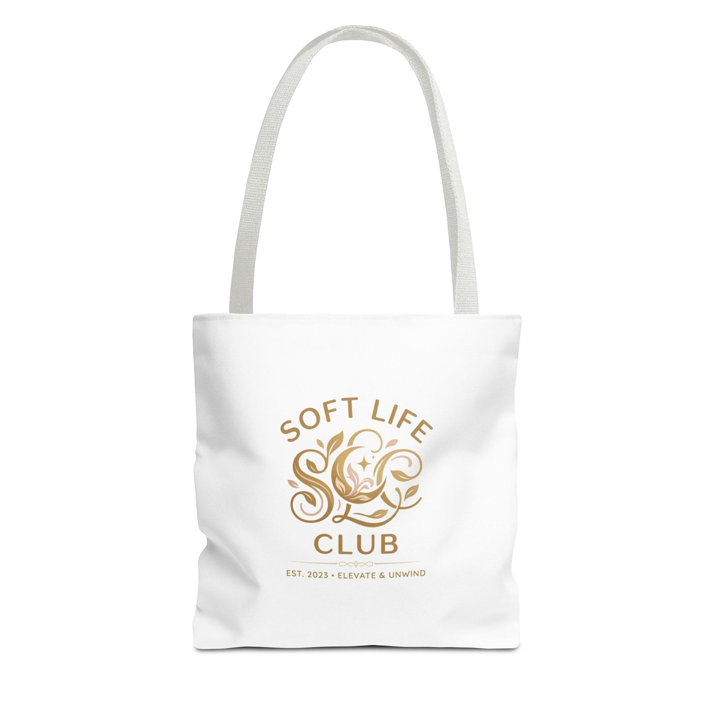 Soft Life Club Tote Bag — Chic Gold Logo AOP Tote for Everyday Carry