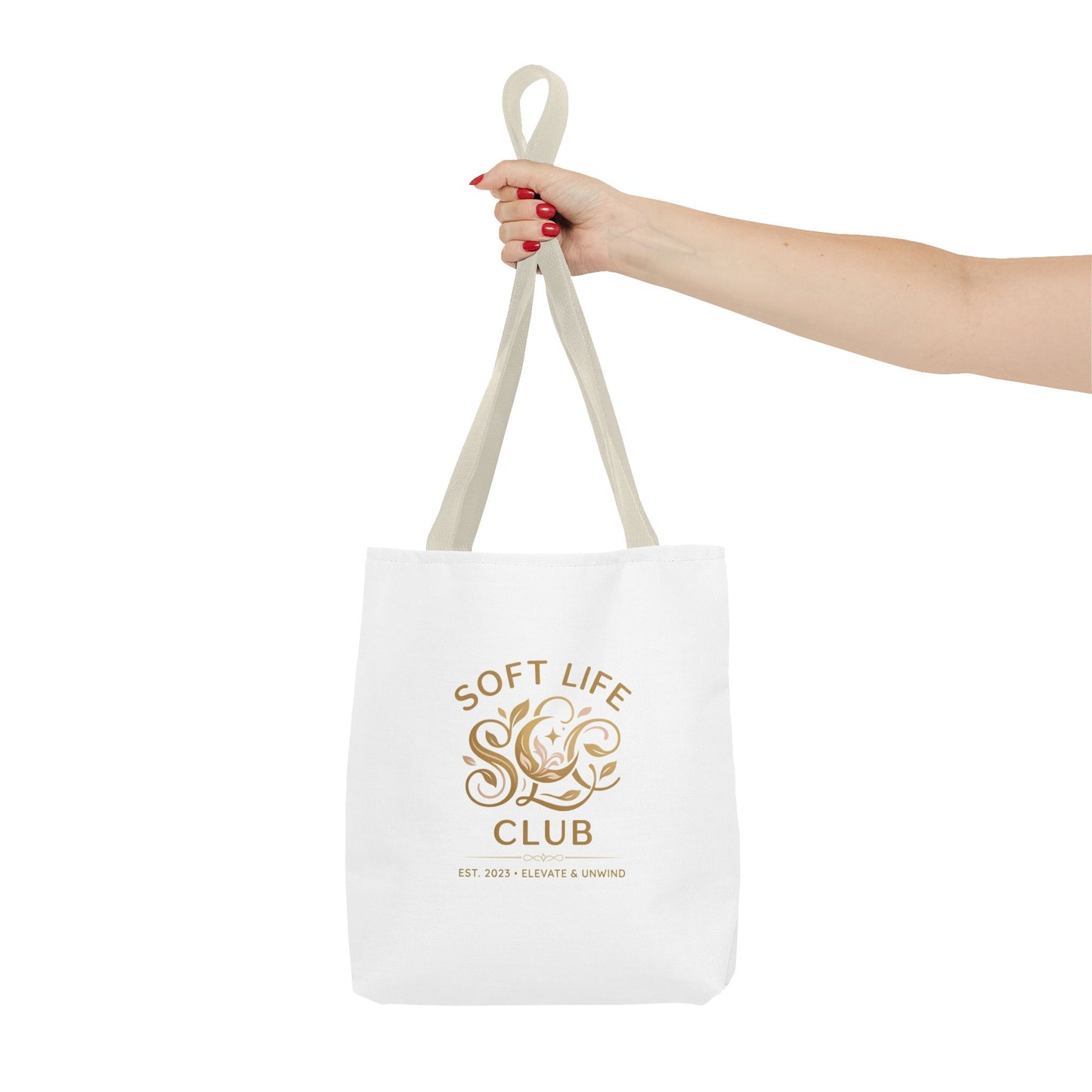 Soft Life Club Tote Bag — Chic Gold Logo AOP Tote for Everyday Carry