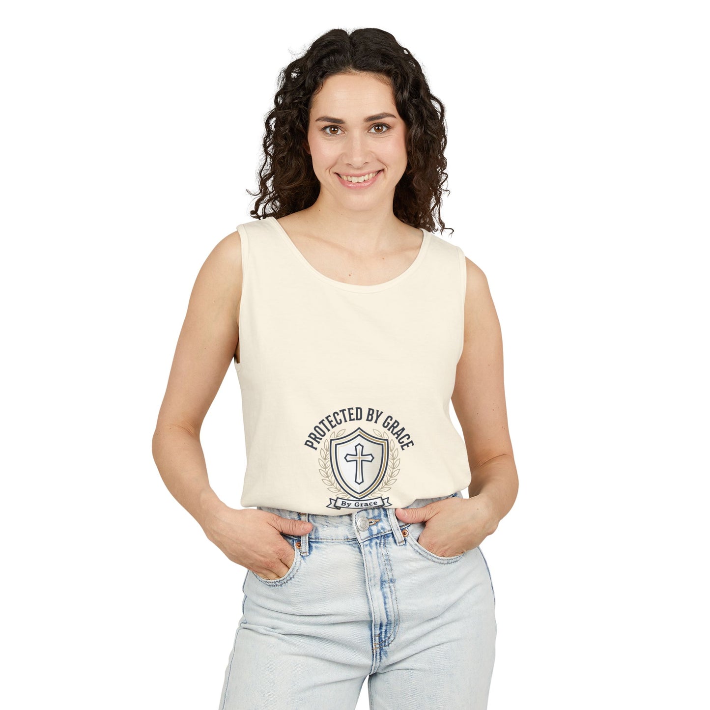 Protected by Grace Cross Tank Top — Christian Faith Graphic