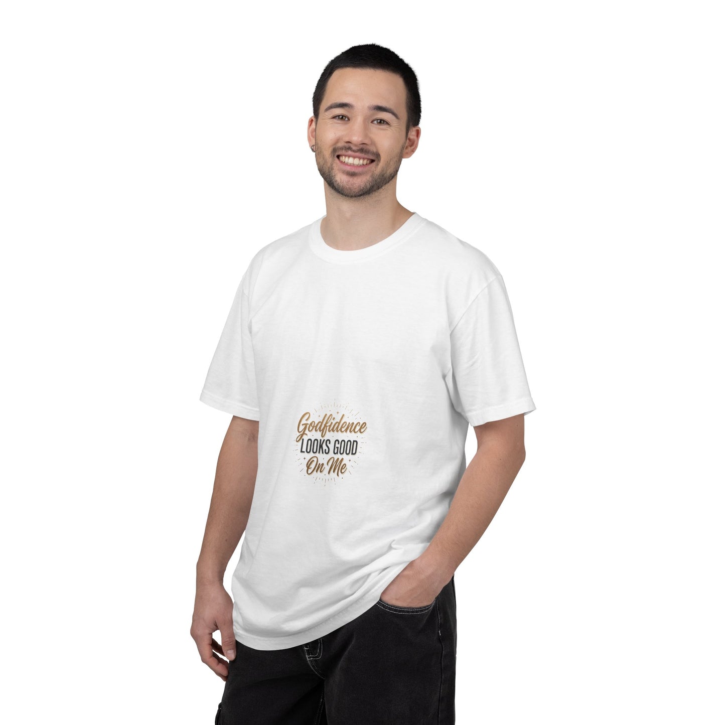 Graphic T-Shirt — “Godfidence Looks Good On Me” Small Center Chest