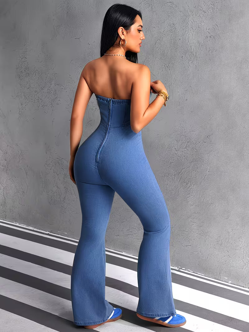 Women's Denim Strapless Jumpsuit | Corset Waist Flare Leg Stretch Jean Romper
