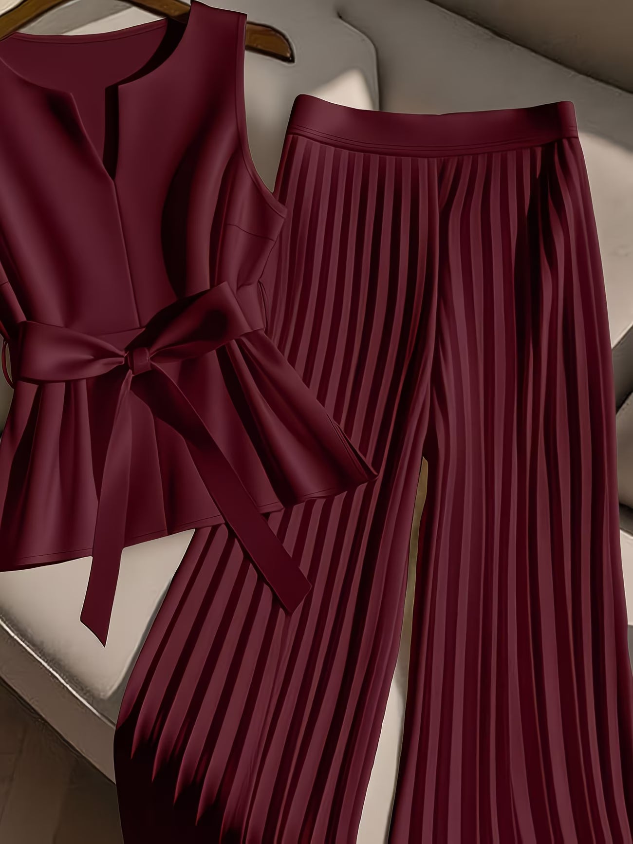 CurveElegance™ Plus Size 2-Piece Pant Set | Sleeveless Bow Top & High-Waist Chiffon Wide-Leg Pants for Women
