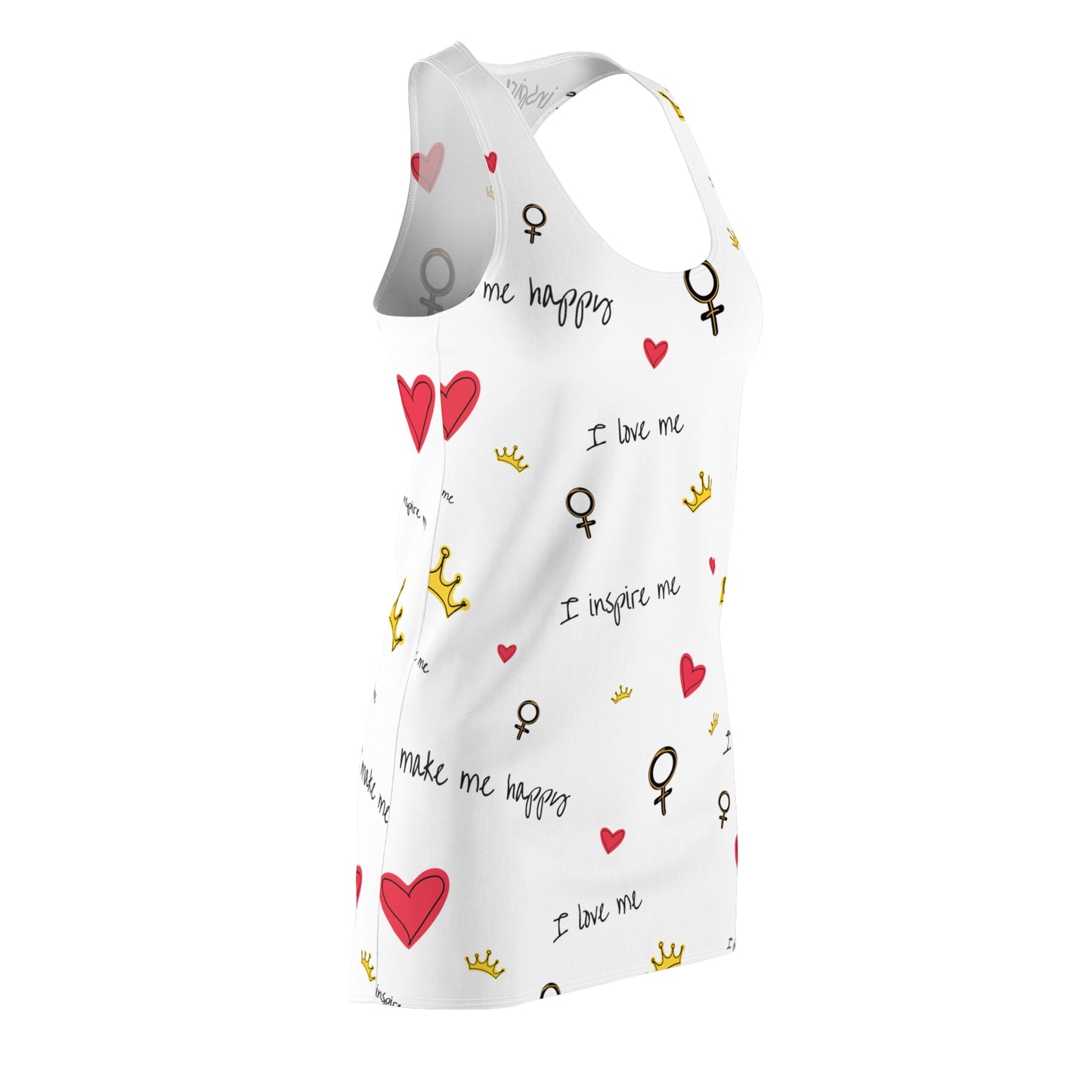Self-Love Racerback Dress — "I love me" Feminist Heart & Crown All-Over Print