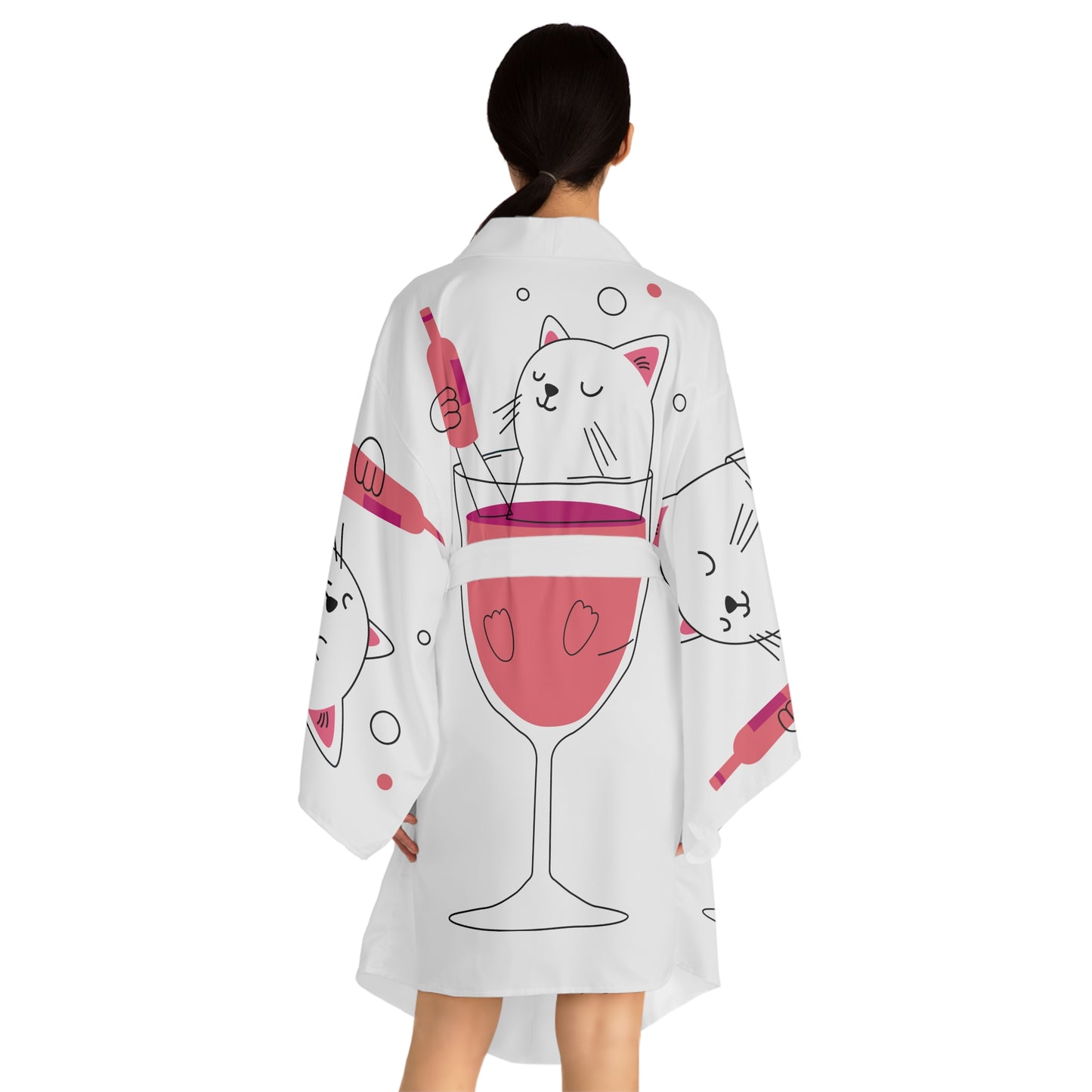 Cat in a Glass Kimono Robe — Cute Wine Cat Long Sleeve Kimono