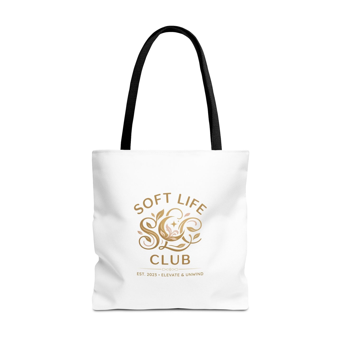 Soft Life Club Tote Bag — Chic Gold Logo AOP Tote for Everyday Carry