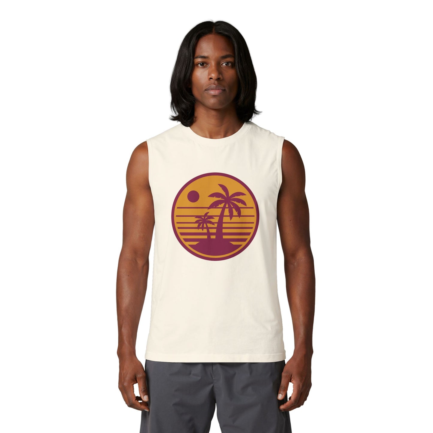 Palm Sunset Muscle Tank — Retro Beach Graphic Tank Top