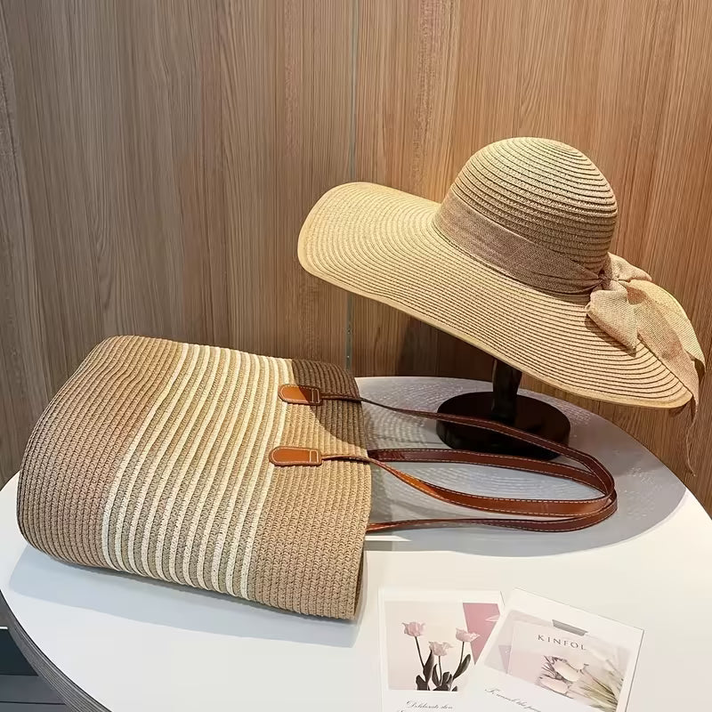 Women's 2-Piece Beach Accessories Set | Striped Straw Tote Bag & Bow Beach Hat