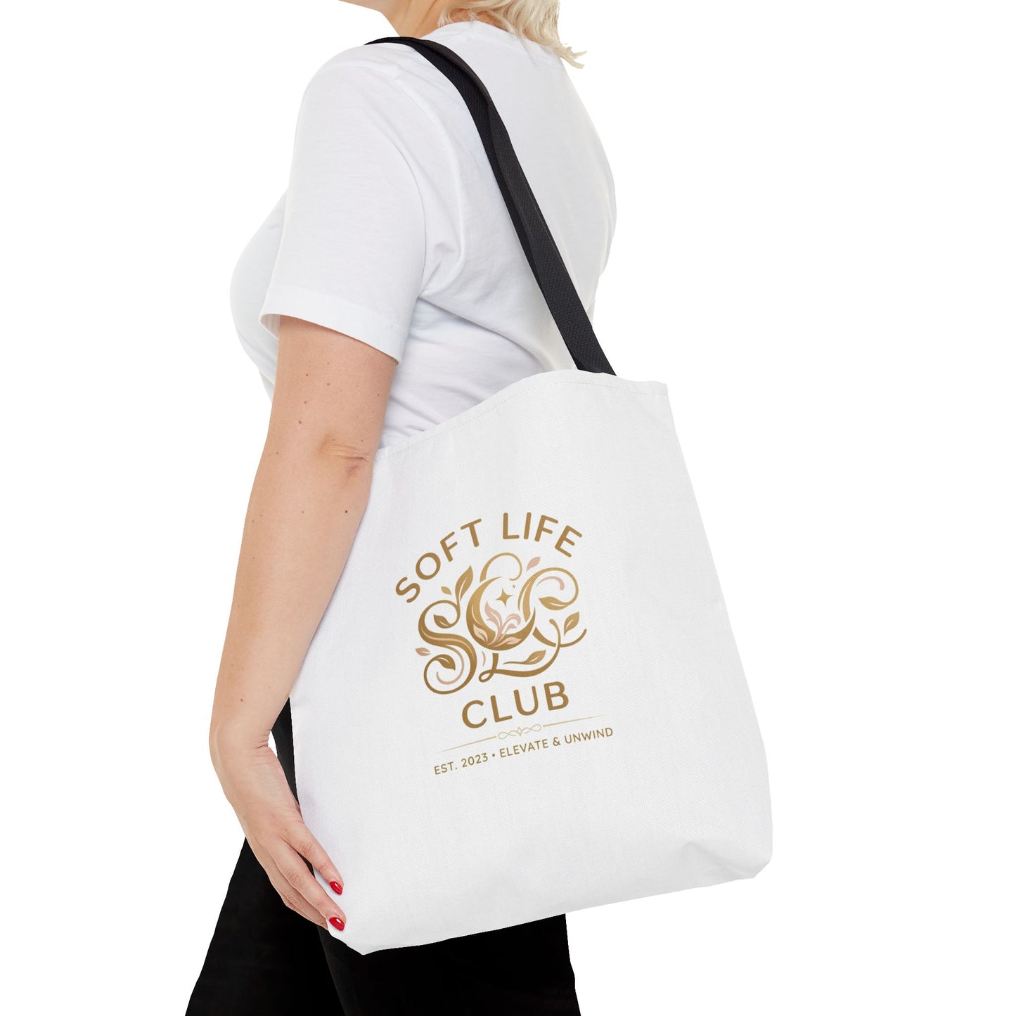 Soft Life Club Tote Bag — Chic Gold Logo AOP Tote for Everyday Carry