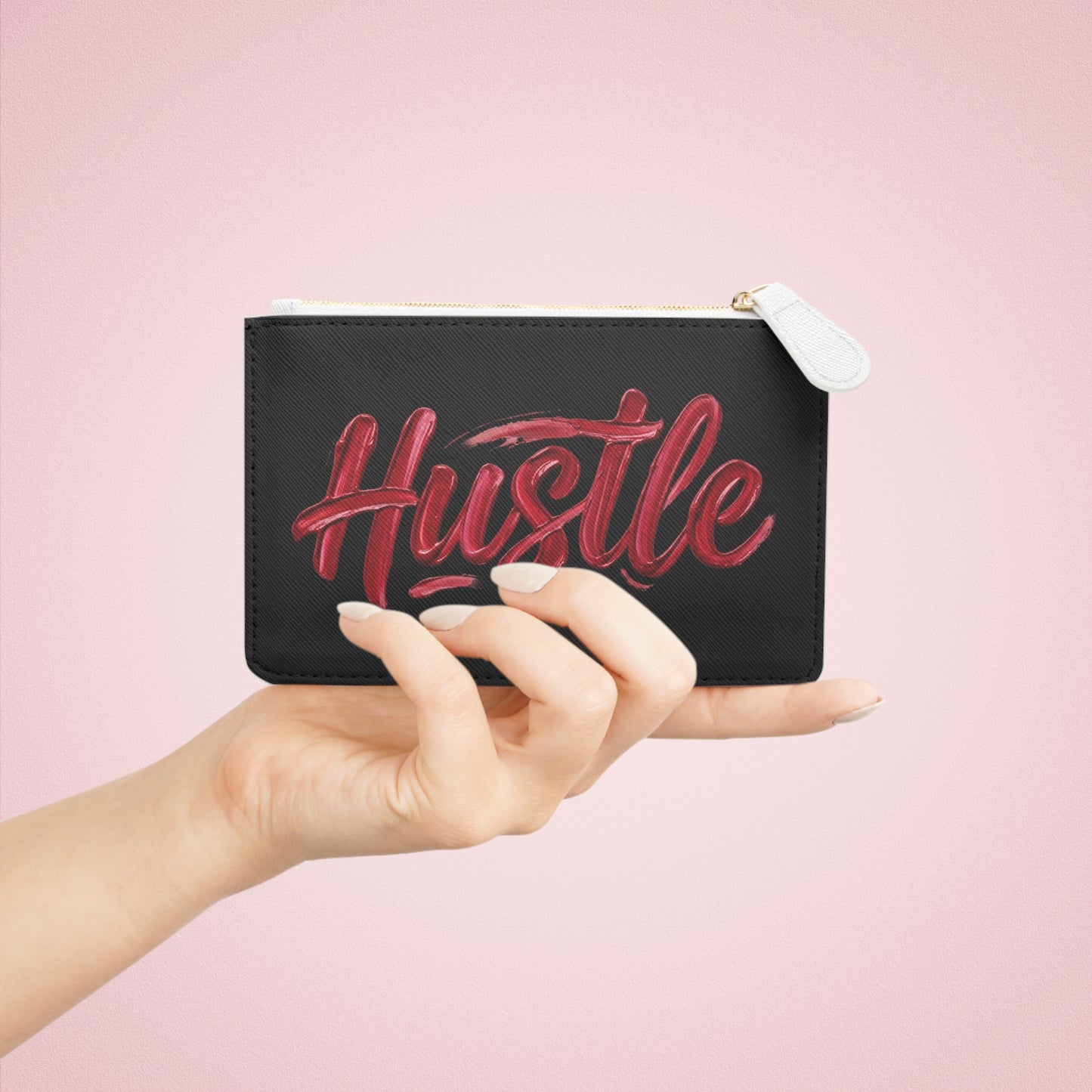 Hustle Mini Clutch Bag — Black Zip Pouch with Red Script "Hustle"