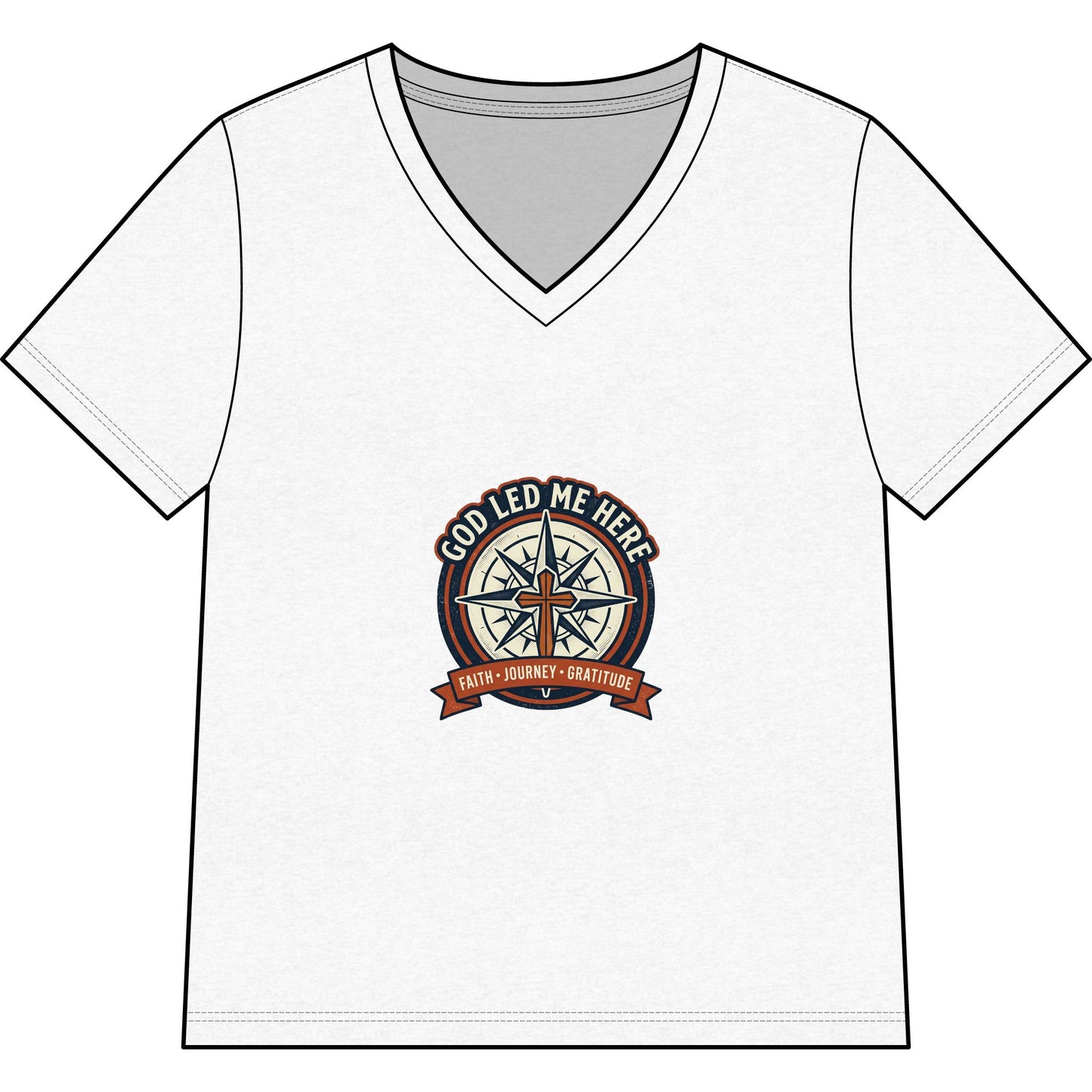 Women’s V-Neck Tee - “God Led Me Here” Compass Christian Graphic