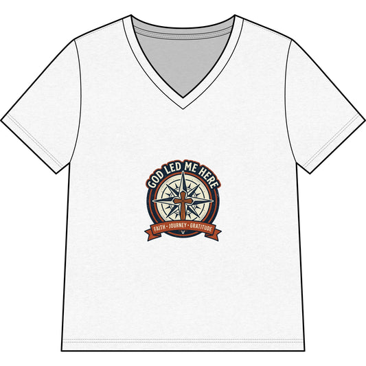 Women’s V-Neck Tee - “God Led Me Here” Compass Christian Graphic
