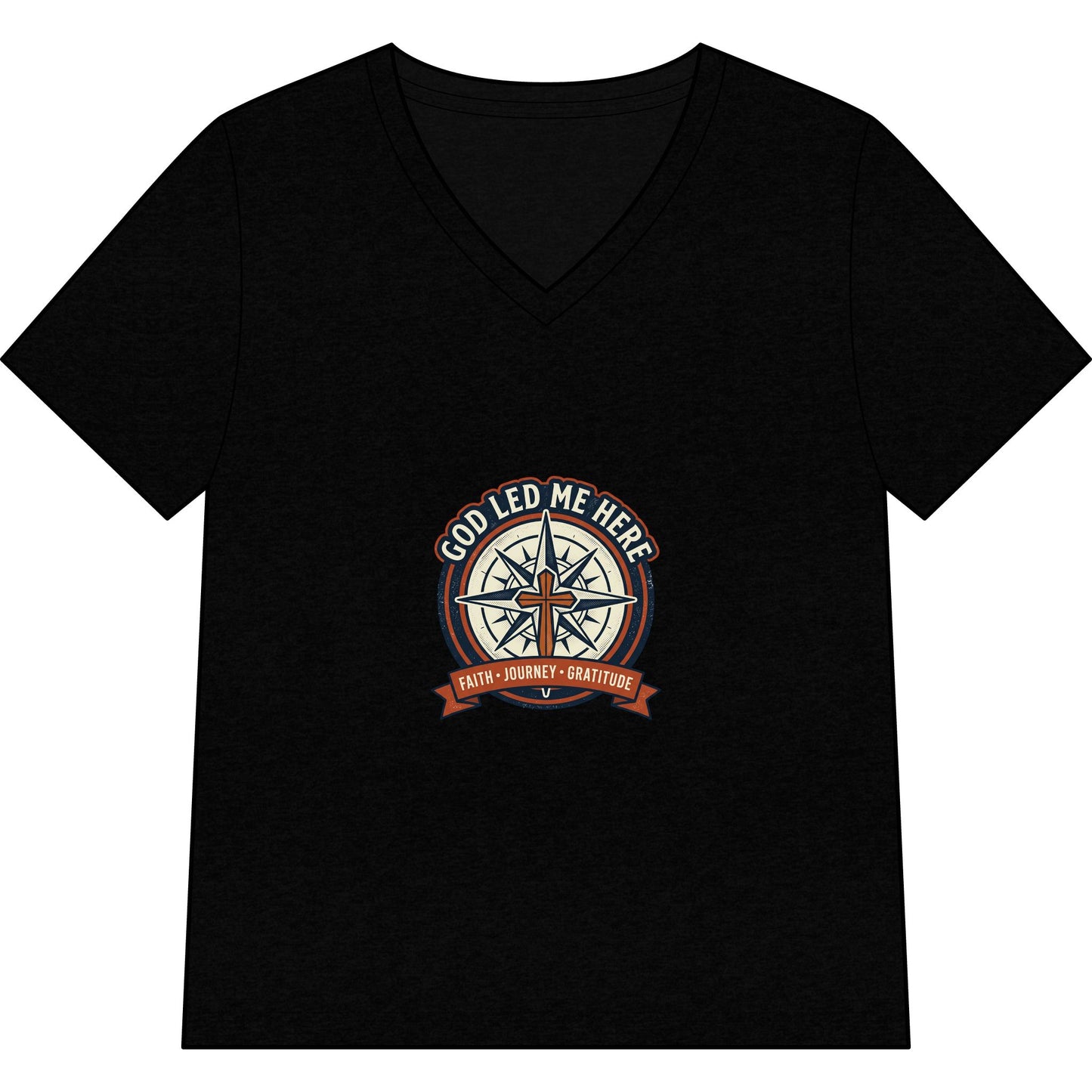 Women’s V-Neck Tee - “God Led Me Here” Compass Christian Graphic
