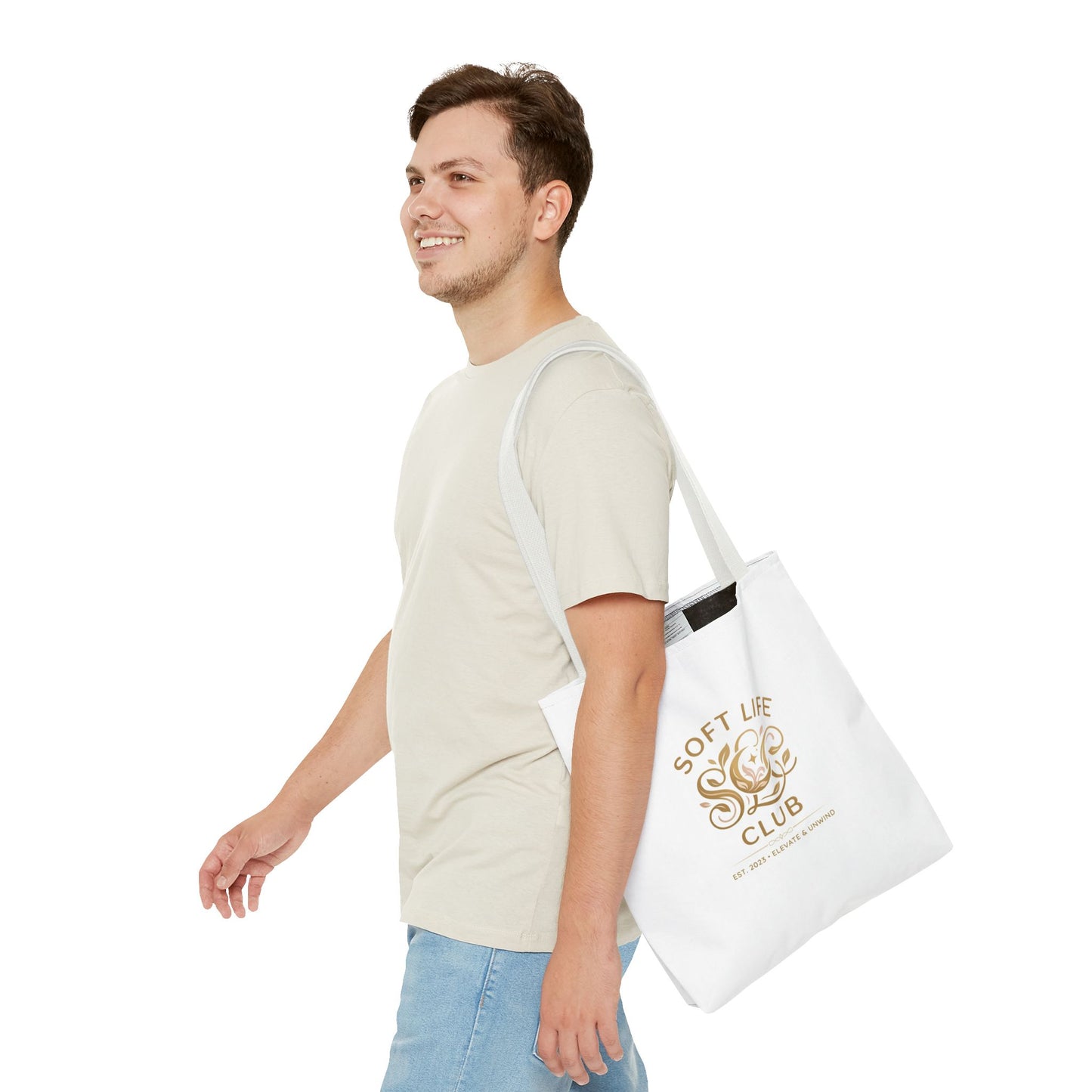 Soft Life Club Tote Bag — Chic Gold Logo AOP Tote for Everyday Carry