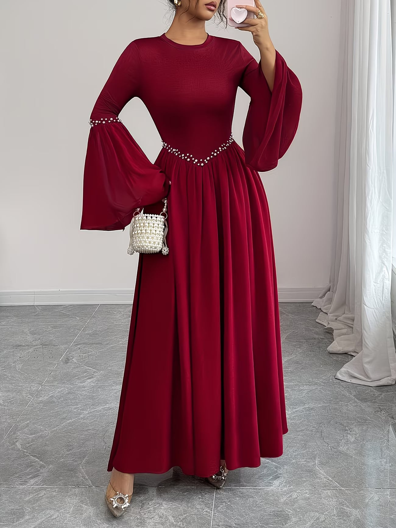 PearlElegance™ A-Line Dress | Long Sleeve Waist-Cinching Dress with Pearl Round Neck for Women