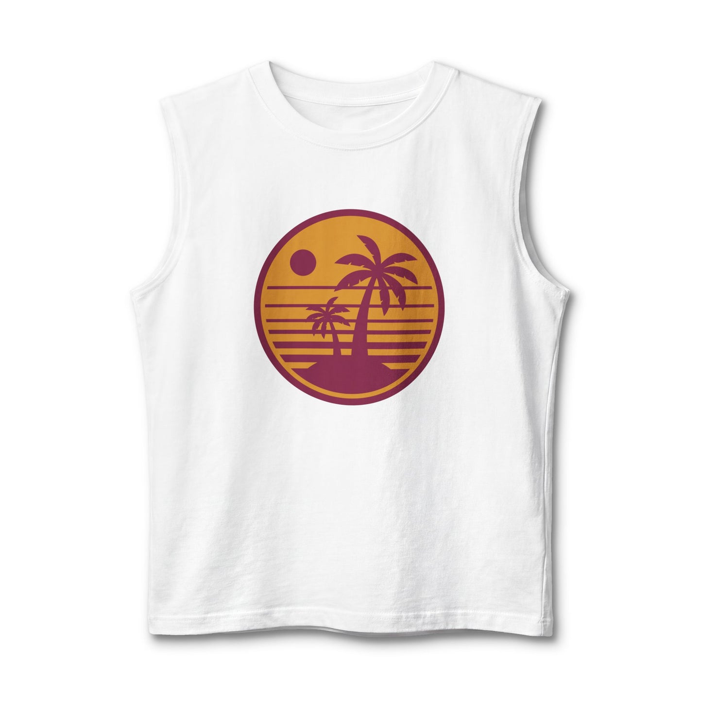 Palm Sunset Muscle Tank — Retro Beach Graphic Tank Top