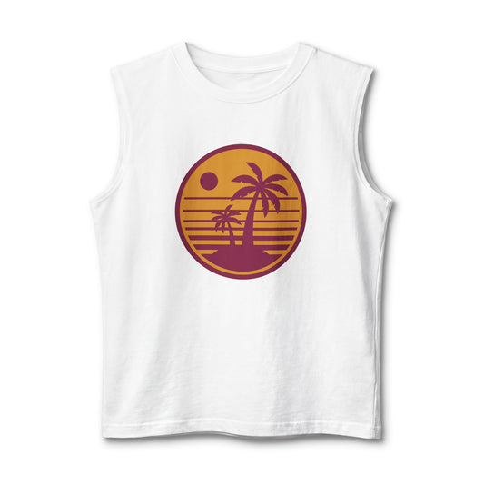 Palm Sunset Muscle Tank — Retro Beach Graphic Tank Top