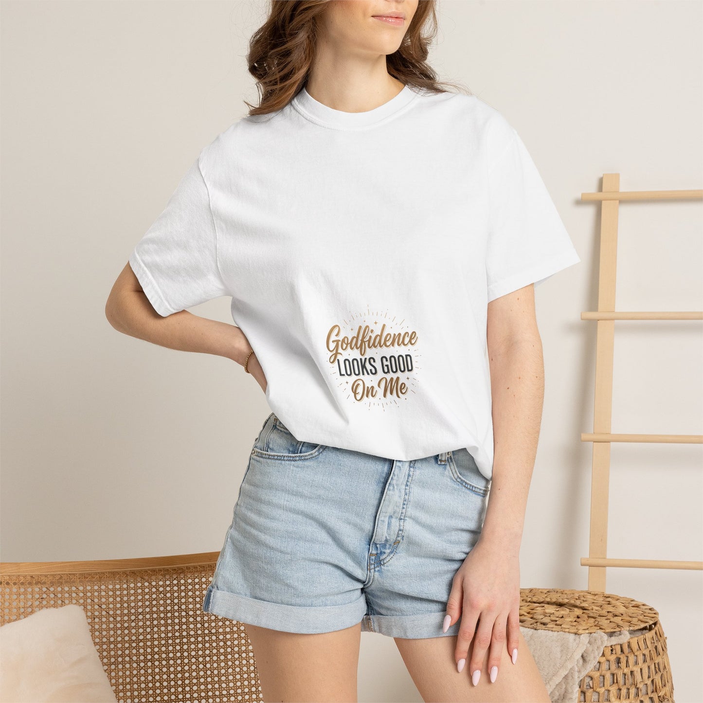 Graphic T-Shirt — “Godfidence Looks Good On Me” Small Center Chest
