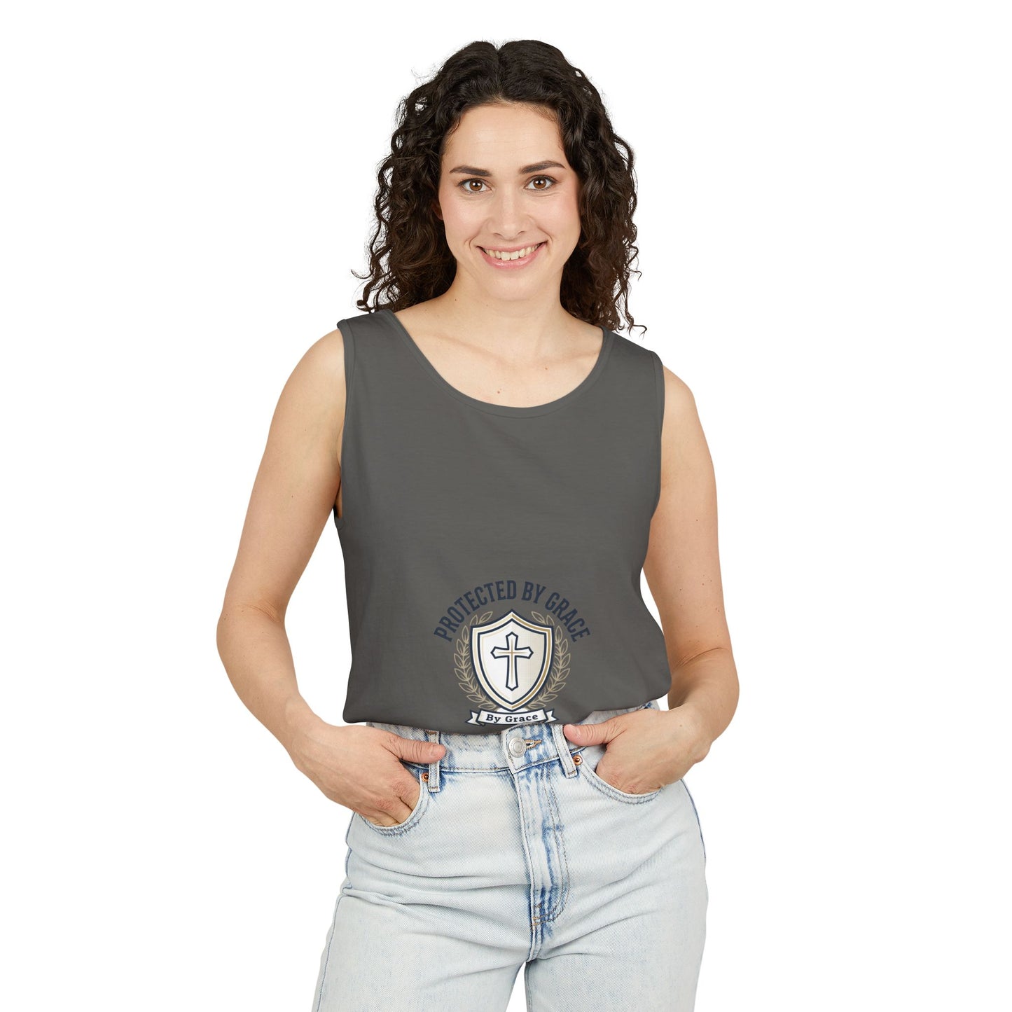 Protected by Grace Cross Tank Top — Christian Faith Graphic