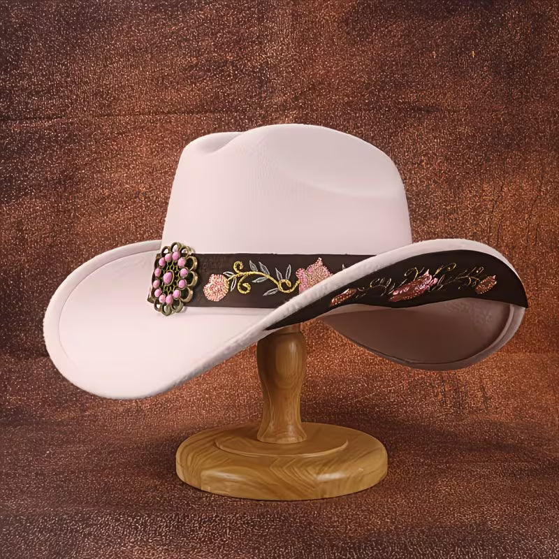 Women's Pink Embroidered Cowboy Hat | Soft Felt Western Hat with Turquoise Belt & Floral Trim