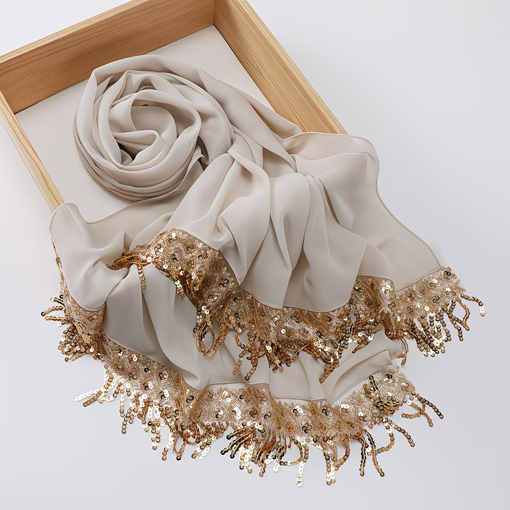 LuxeTassel™ Sequin Lace Hijab | Extended Size Tassel Headscarf for Women