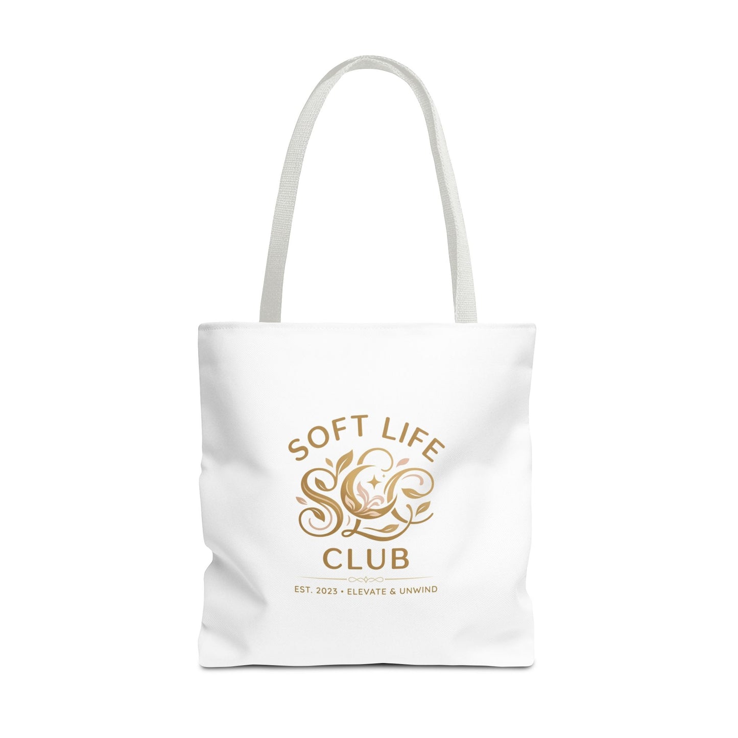 Soft Life Club Tote Bag — Chic Gold Logo AOP Tote for Everyday Carry