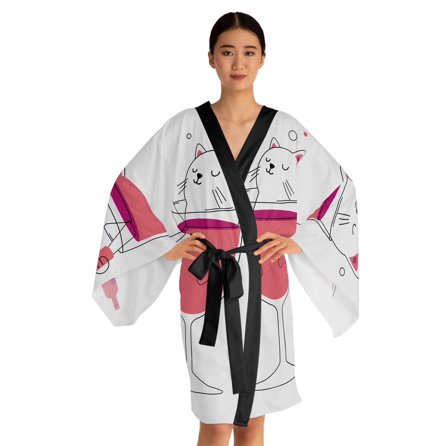 Cat in a Glass Kimono Robe — Cute Wine Cat Long Sleeve Kimono