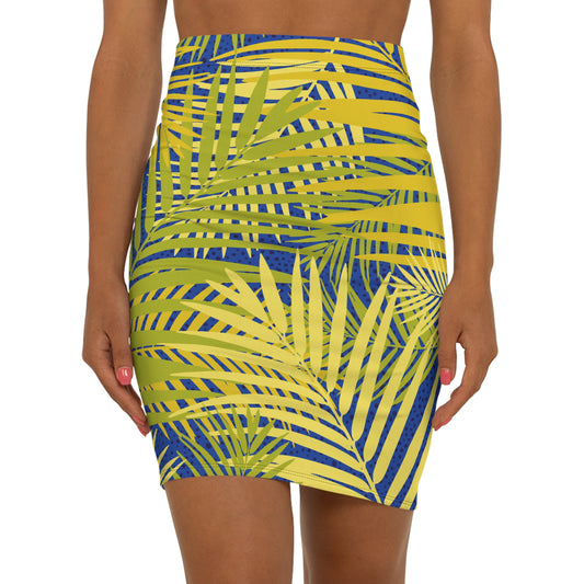 Tropical Palm Leaf Pencil Skirt — Saia Lápis com Estampa de Folhas de Palmeira Tropical