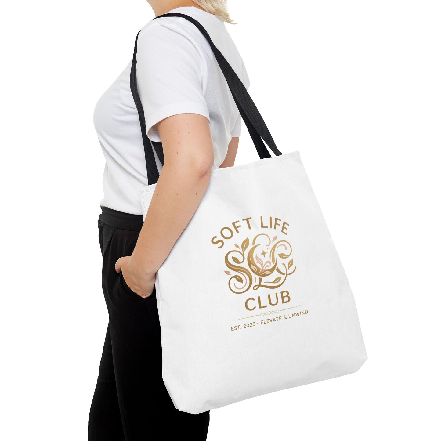 Soft Life Club Tote Bag — Chic Gold Logo AOP Tote for Everyday Carry