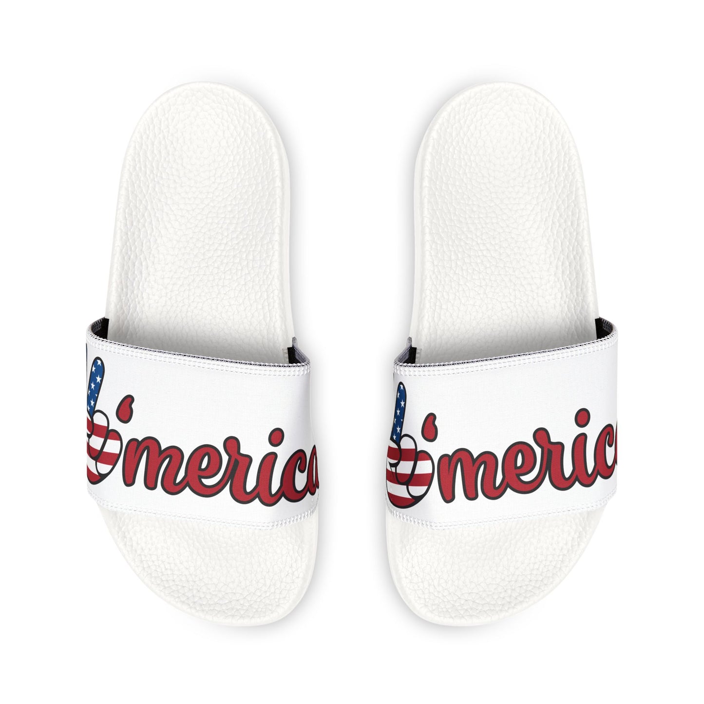 Men's Slide Sandals — White Patriotic Script Pool Slides