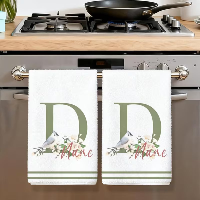 Personalized Monogram Kitchen Towels | Custom Initials & Text | Floral & Bird Design Microfiber Dish Towels | Housewarming Gift