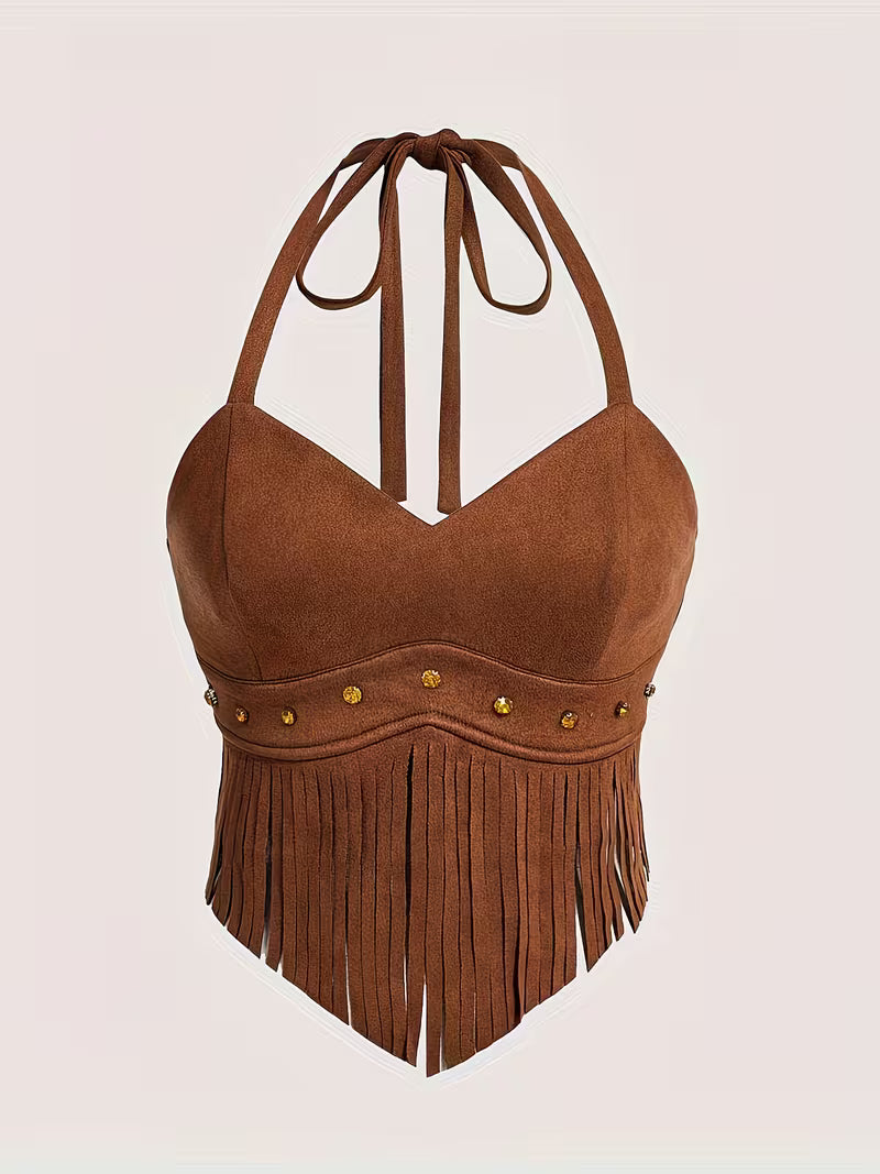 Women's Vintage Fringe Halter Top | Western Boho Sleeveless Cowgirl Blouse