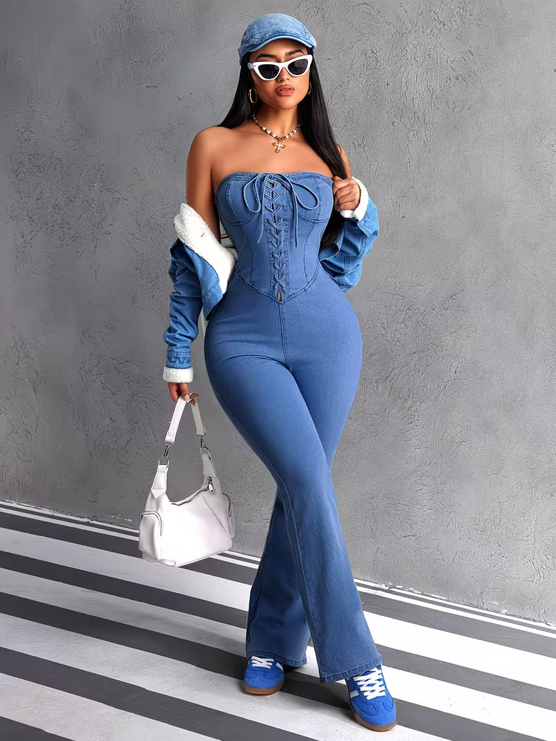 Women's Denim Strapless Jumpsuit | Corset Waist Flare Leg Stretch Jean Romper