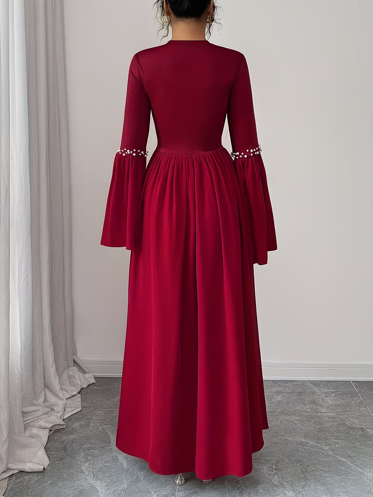 PearlElegance™ A-Line Dress | Long Sleeve Waist-Cinching Dress with Pearl Round Neck for Women