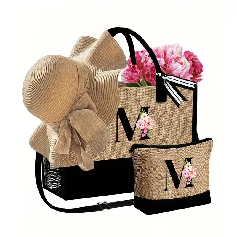 Women's 4-Piece Beach Bag Set | Tote Bag, Sun Hat, Makeup Pouch & Travel Accessories