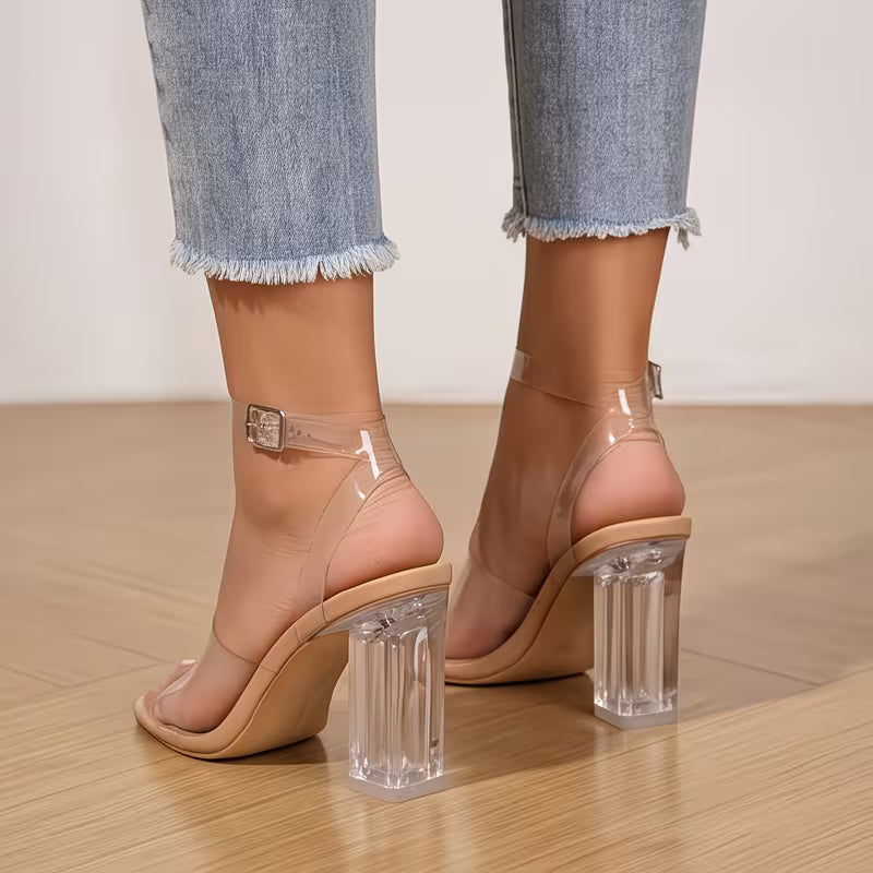 Women's Clear Block Heel Sandals | Nude Transparent Strap Dress Heels with Crystal Textured Square Heel & Adjustable Ankle Strap
