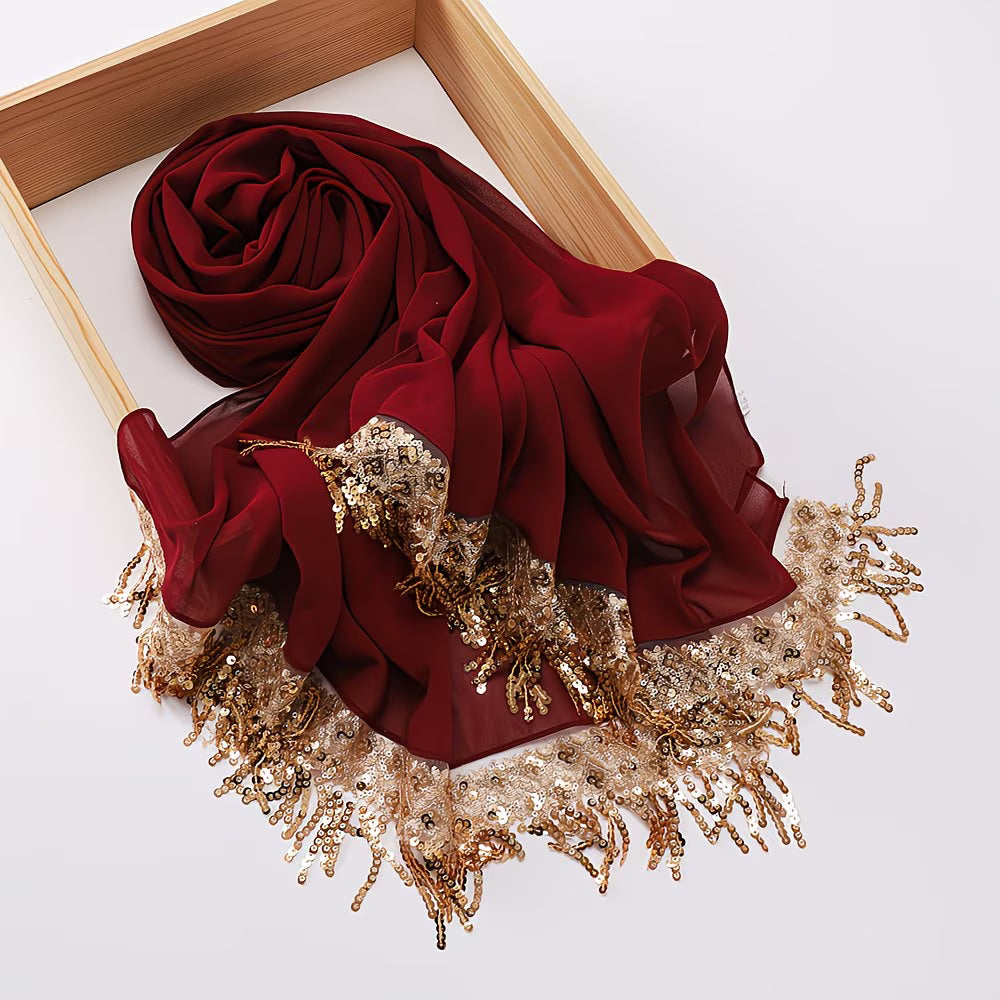 LuxeTassel™ Sequin Lace Hijab | Extended Size Tassel Headscarf for Women