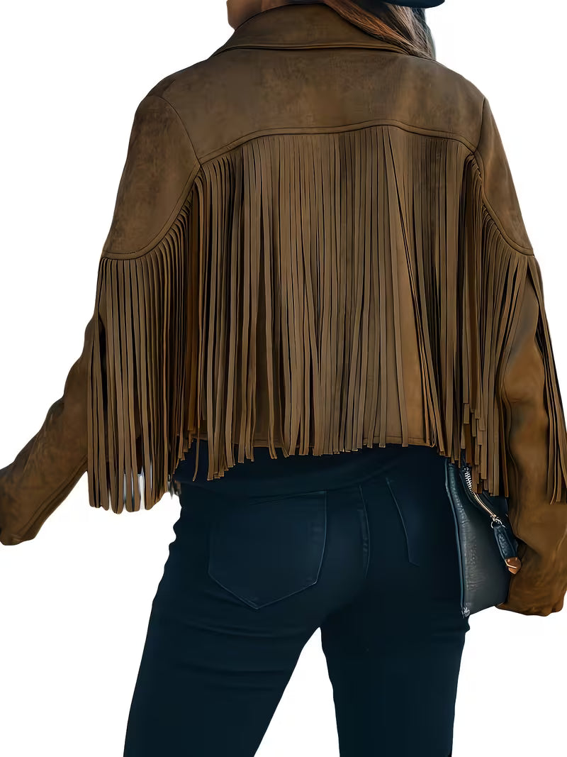 Women's Faux Suede Fringe Moto Jacket | Western Cropped Cowgirl Tassel Coat for Spring & Fall
