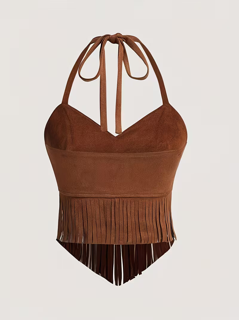 Women's Vintage Fringe Halter Top | Western Boho Sleeveless Cowgirl Blouse