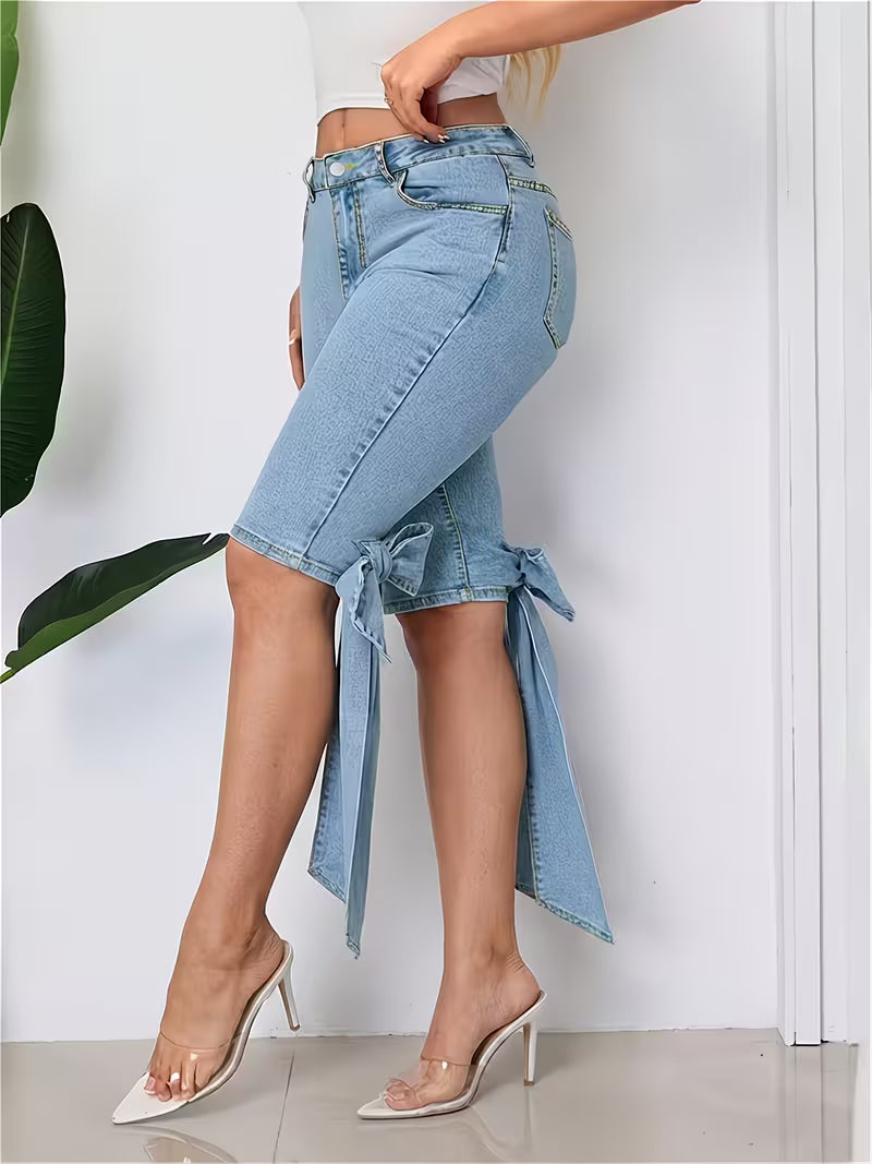 Women's Light Blue Denim Bermuda Shorts | High Waist Stretch Jean Shorts with Bow Cuff Detail