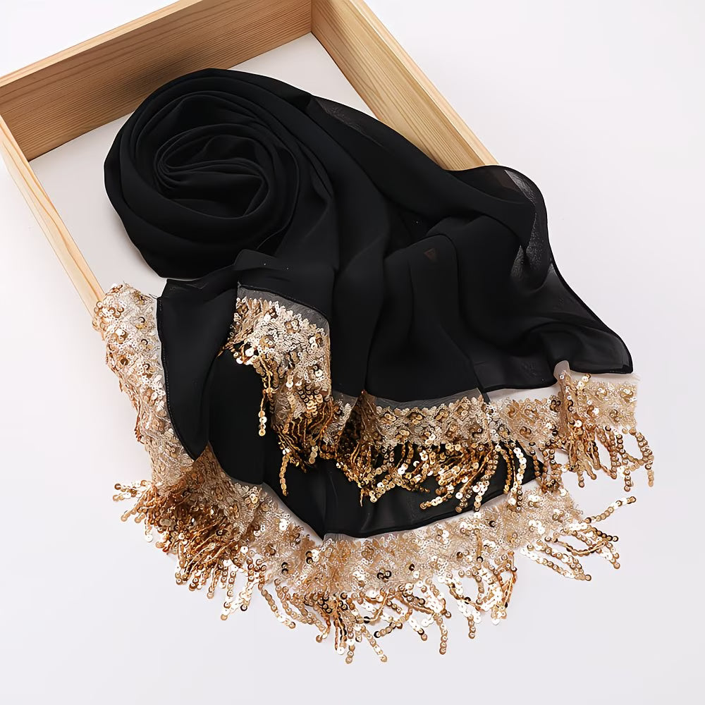 LuxeTassel™ Sequin Lace Hijab | Extended Size Tassel Headscarf for Women