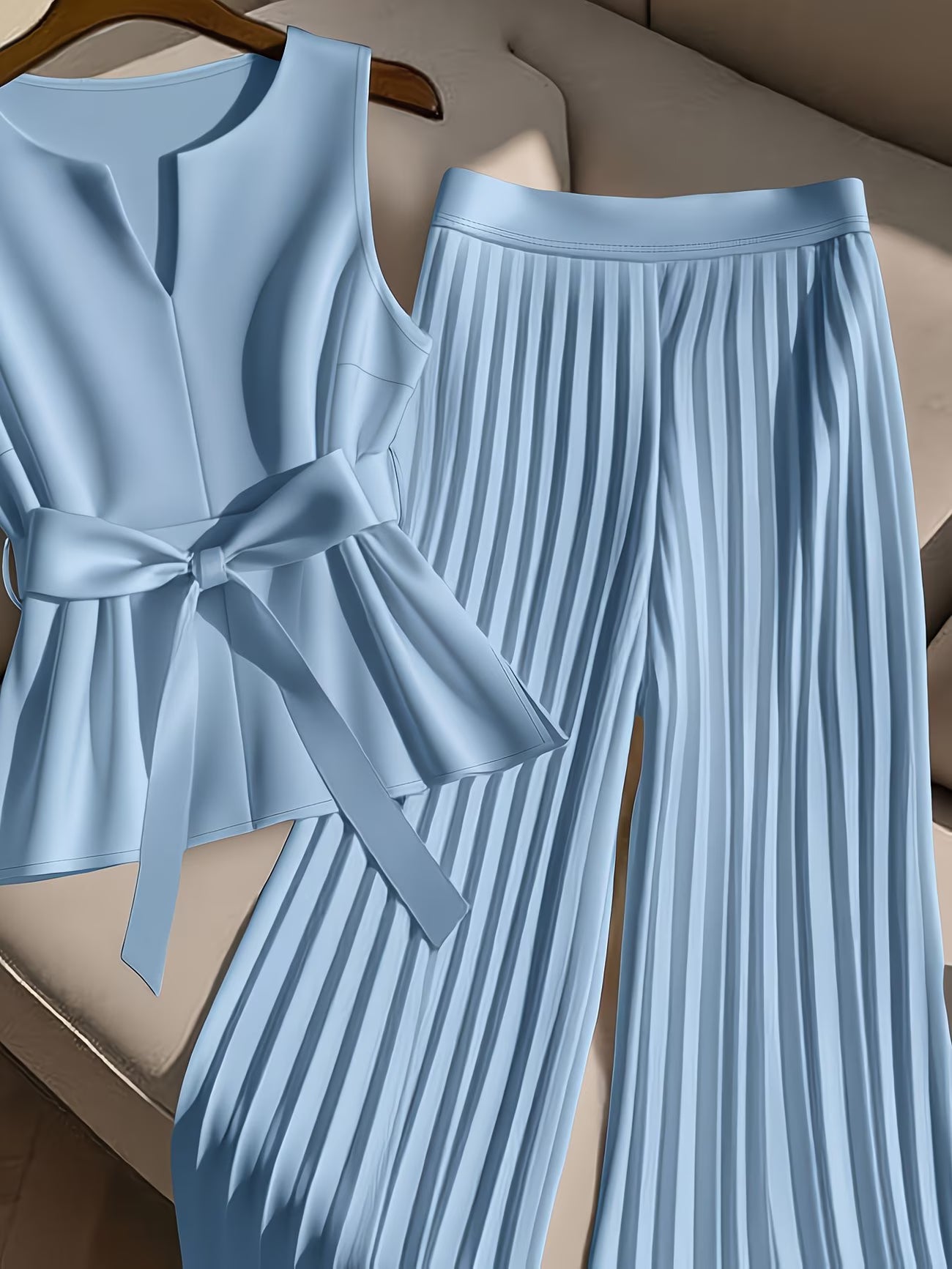 CurveElegance™ Plus Size 2-Piece Pant Set | Sleeveless Bow Top & High-Waist Chiffon Wide-Leg Pants for Women