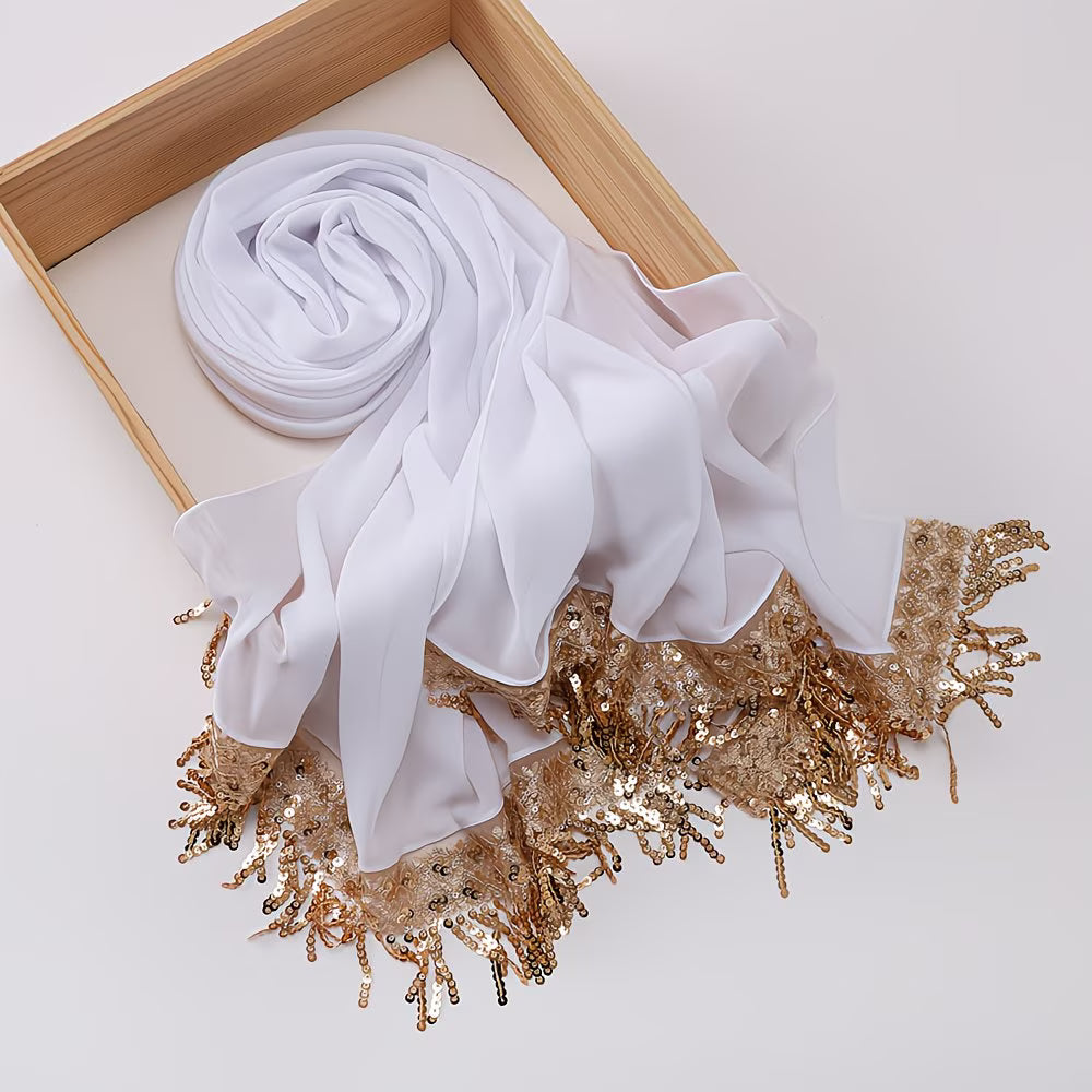 LuxeTassel™ Sequin Lace Hijab | Extended Size Tassel Headscarf for Women