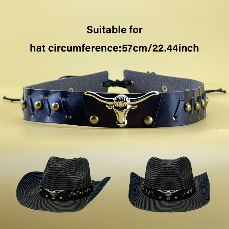 Women's Vintage Western Cowboy Hat | Black Felt Fedora with Silver Bull Head & Gold Buckle Accent