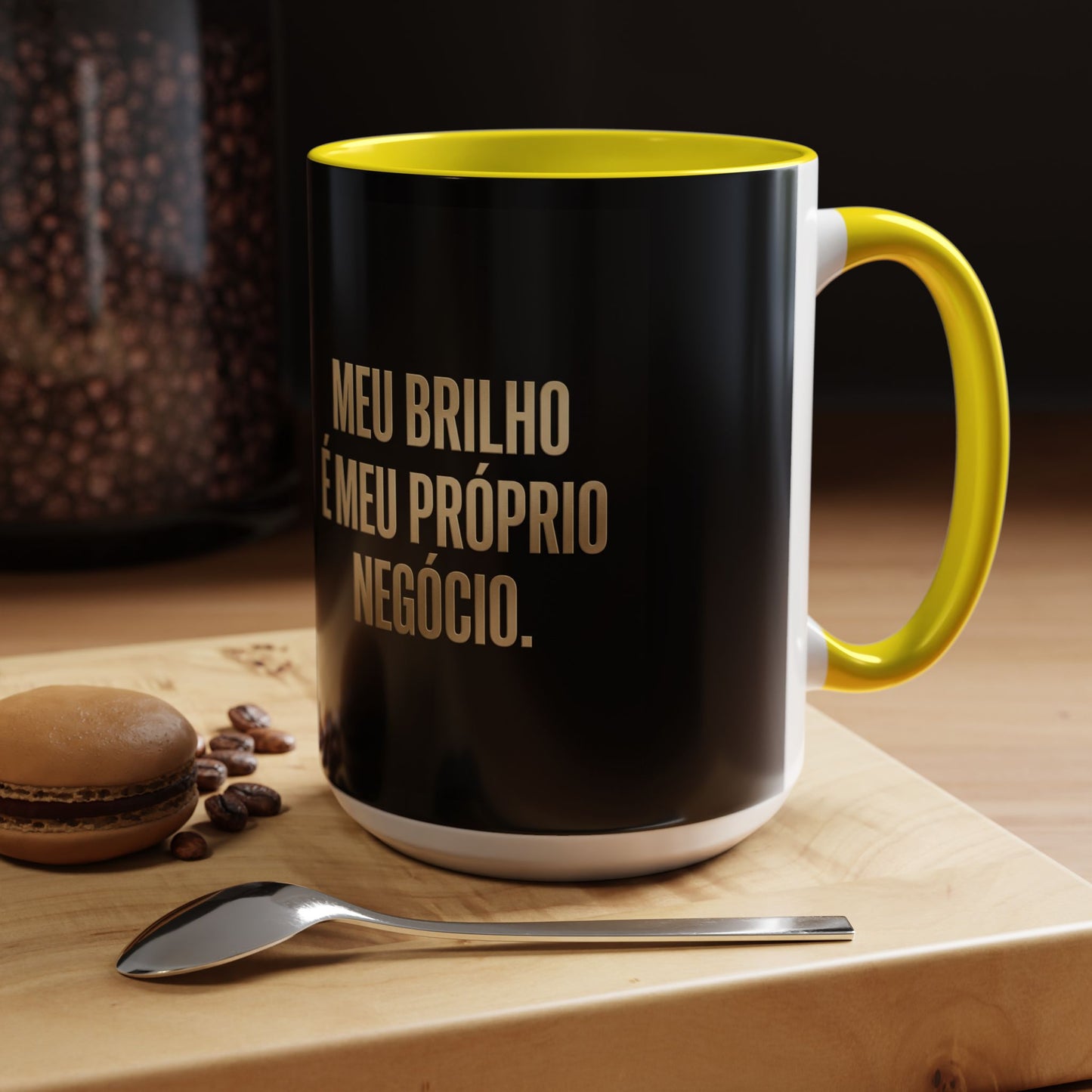 Caneca de café - Caneca inspiradora com detalhes pretos "Meu Brilho É Meu Próprio Negócio" (11/15 onças)